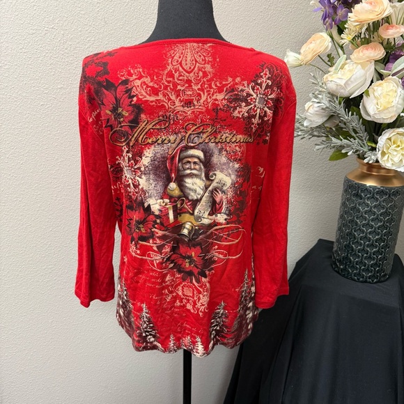 Jess & Jane Red Santa Christmas Top M | Holiday Graphic Tunic Winter Bling Tee - Picture 4 of 8